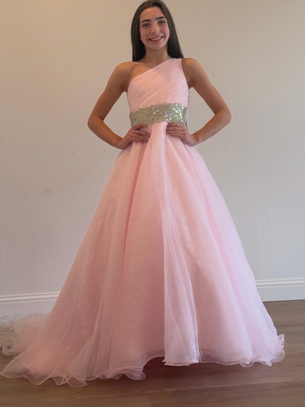 One-Shoulder Pink Ball Gown Dress with Beaded Waist